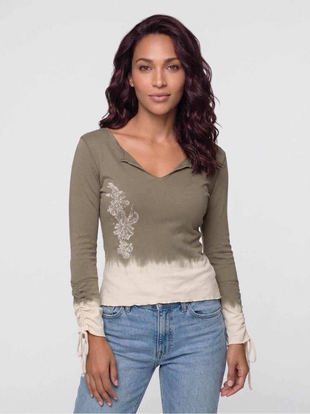 Clio Vintage Grey/taupe & Cream Dip-Dye Long Sleeve Top NWT